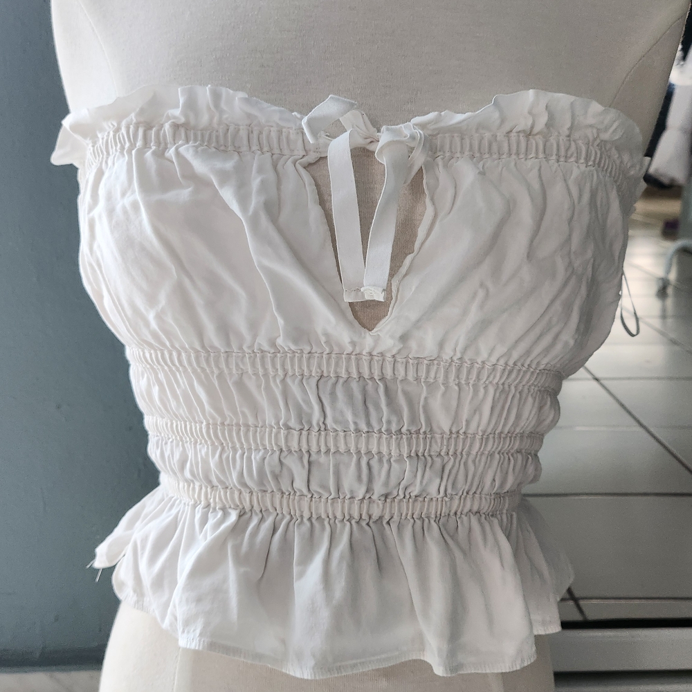 H&M White Strapless Smocked Ruffle Crop Top